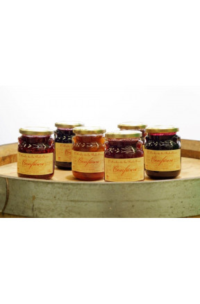 [814] Confiture lot de 6 pots de parfums différents : cassis, 2 fraise, framboise, griotte, myrtille